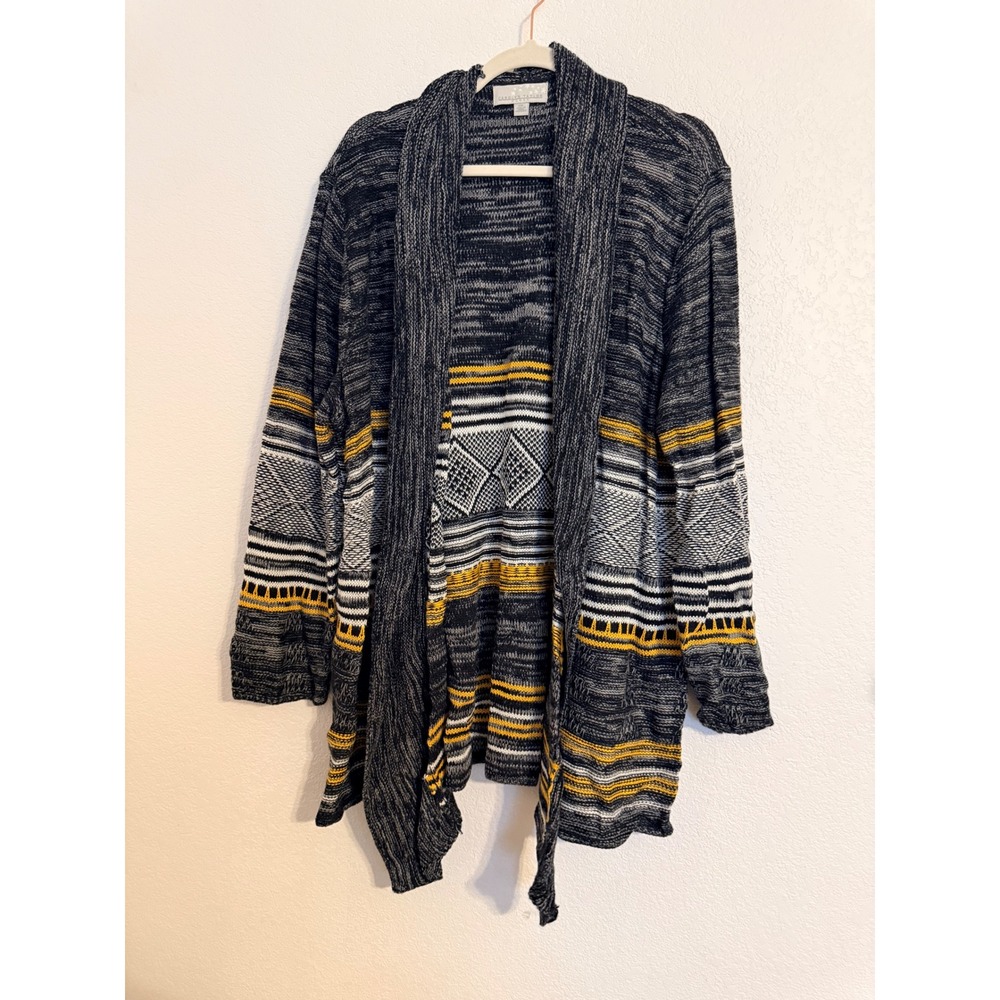 Carolyn Taylor Woman 3X Cardigan Sweater Open Front Geometric Black Yellow Knit‎
